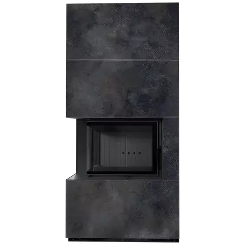 Каминокомплект FLOKI в облицовке OXIDE NERO, угловое стекло слева