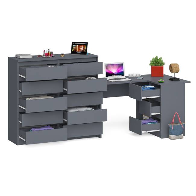 Стол компьютерный МС-16 с тумбой справа и высокий комод на 10-ть ящиков Мори цвет графит