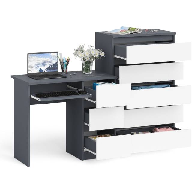 Высокий комод Мори на 700 5 ящиков и компьютерный стол Мори МС-6 тумба справа цвет графит/белый Высокий комод Мори на 700 5 ящиков и компьютерный стол Мори МС-6 тумба справа цвет графит/белый