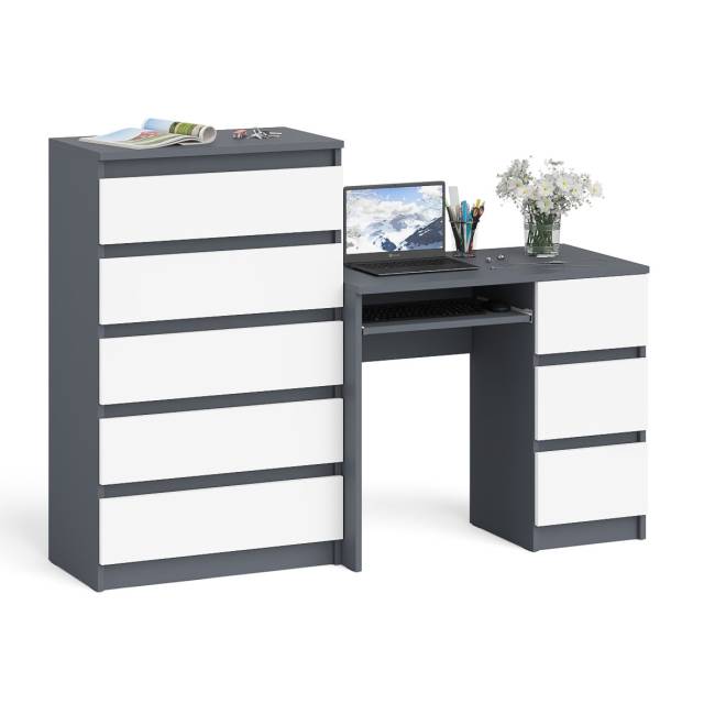 Высокий комод Мори на 700 5 ящиков и компьютерный стол Мори МС-6 тумба справа цвет графит/белый Высокий комод Мори на 700 5 ящиков и компьютерный стол Мори МС-6 тумба справа цвет графит/белый