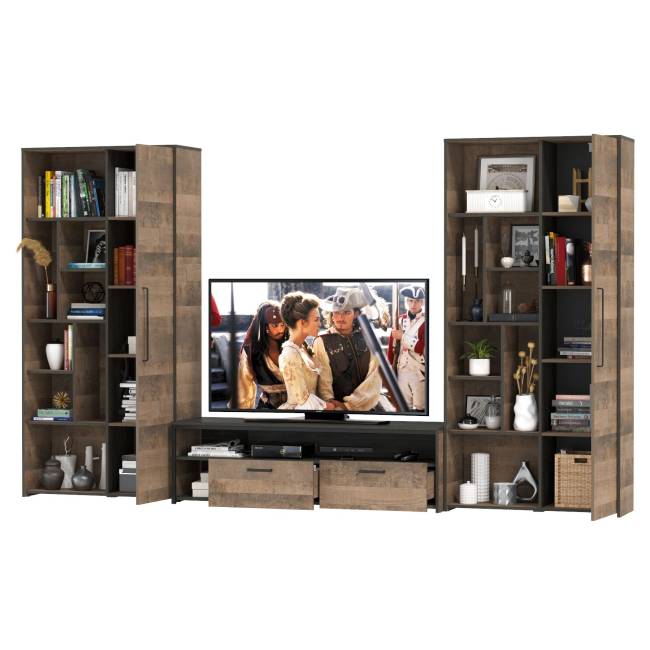 Два шкафа-стеллажа в стиле лофт и тумба для аппаратуры Трувор цвет дуб гранж песочный/интра