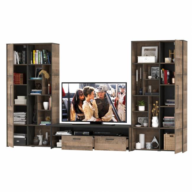 Два шкафа-стеллажа в стиле лофт и тумба для аппаратуры Трувор цвет дуб гранж песочный/интра