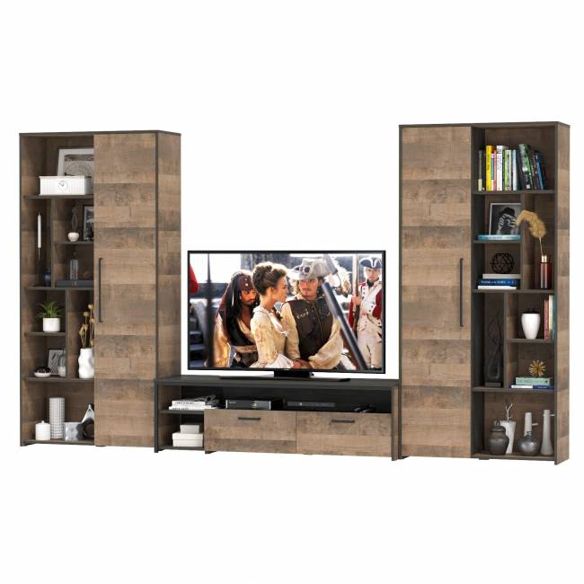 Два шкафа-стеллажа в стиле лофт и тумба для аппаратуры Трувор цвет дуб гранж песочный/интра