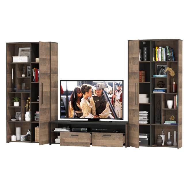 Два шкафа-стеллажа в стиле лофт и тумба для аппаратуры Трувор цвет дуб гранж песочный/интра