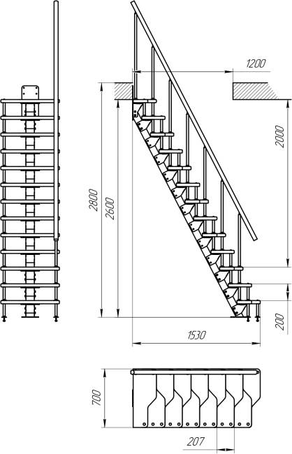 Лестница малогабаритная на монокосоуре «Гусиный шаг» 2800-3000 мм цвет серый