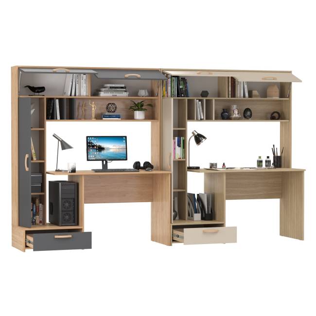 Два стола компьютерных с надстройкой Лайт 03.243Н цвет гикори рокфорд натуральный/тёмно-серый/плэйн/сатин Два стола компьютерных с надстройкой Лайт 03.243Н цвет гикори рокфорд натуральный/тёмно-серый/плэйн/сатин