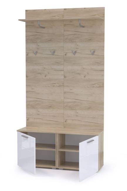 Тумбы для обуви с вешалками для верхней одежды Лайн цвет дуб крафт серый/фасады МДФ белый глянец