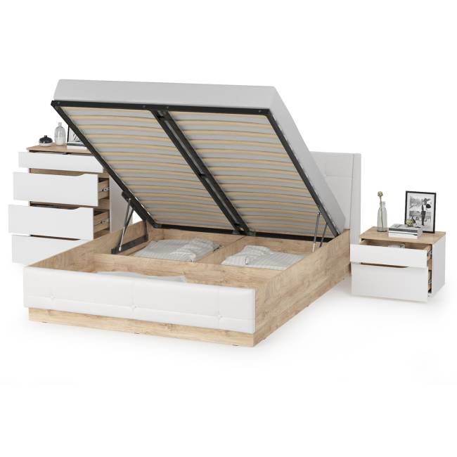 Комплект Кровать Муссон 11.28 + подъёмный ортопед + Тумба 16.03 + Комод 13.97 цвет белый/дуб эндгрейн элегантный/кожзам белый