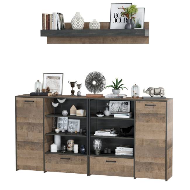 Два комода с дверками и ящиками и навесная полка Трувор цвет дуб гранж песочный/интра