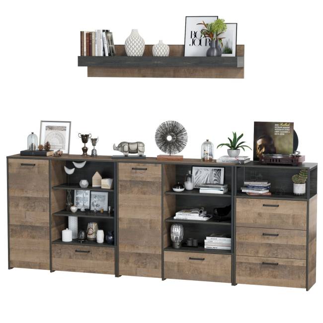 Два комода с дверкой и ящиком с навесной полкой и комодом с тремя ящиками Трувор цвет дуб гранж песочный/интра