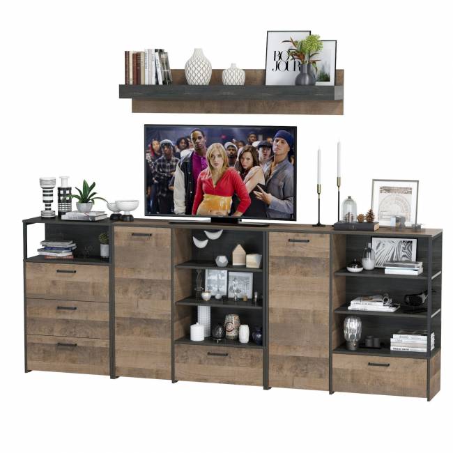 Два комода с дверкой и ящиком с навесной полкой и комодом с тремя ящиками Трувор цвет дуб гранж песочный/интра