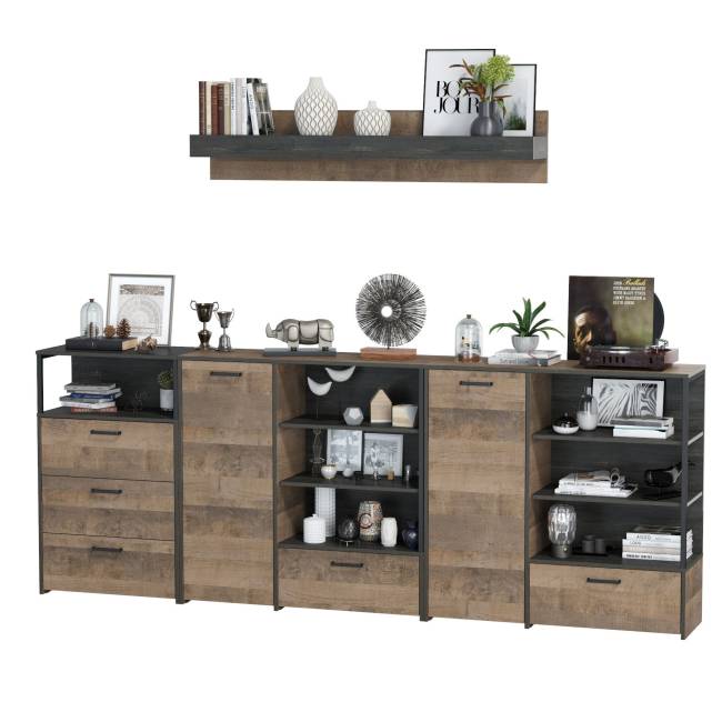 Два комода с дверкой и ящиком с навесной полкой и комодом с тремя ящиками Трувор цвет дуб гранж песочный/интра