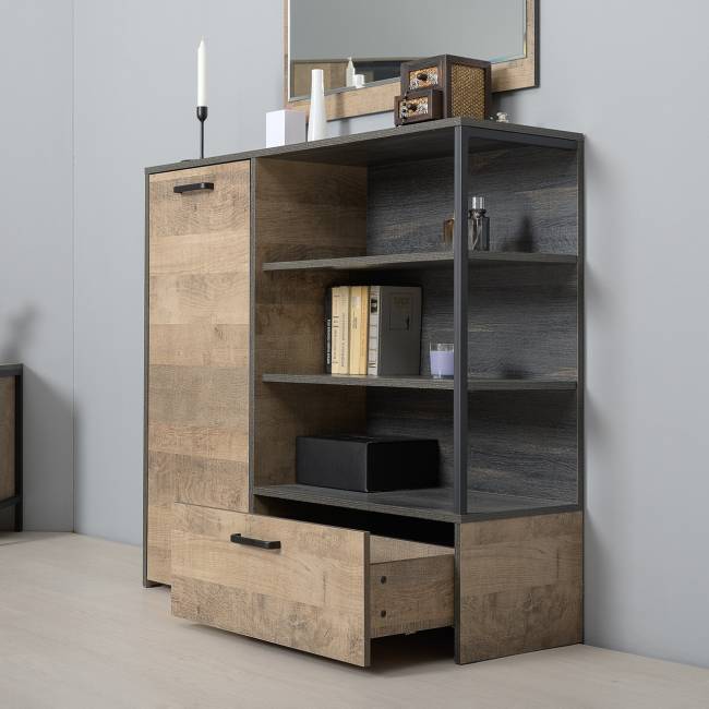 Два комода с дверкой и ящиком с навесной полкой и комодом с тремя ящиками Трувор цвет дуб гранж песочный/интра