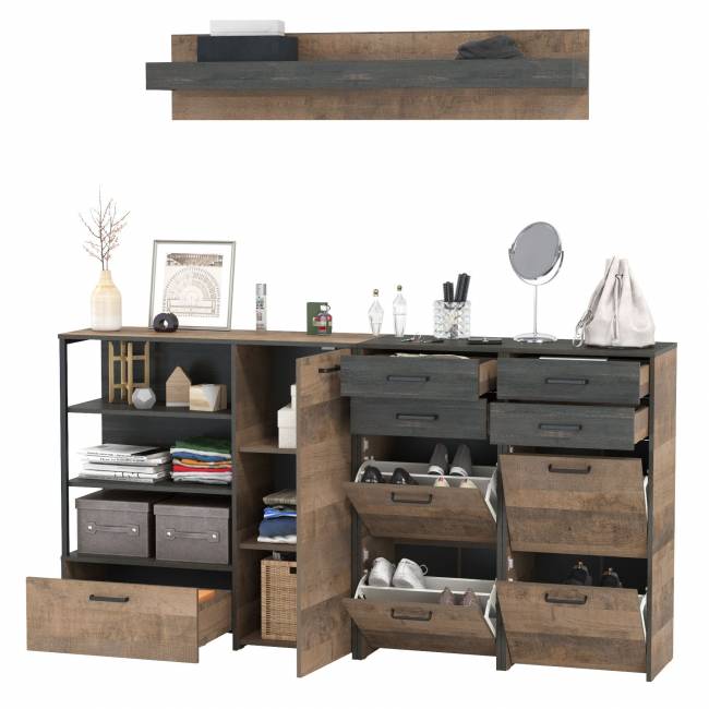 Комод-тумба в прихожую с навесной полкой и двумя обувницами с ящиками Трувор цвет дуб гранж песочный/интра Комод-тумба в прихожую с навесной полкой и двумя обувницами с ящиками Трувор цвет дуб гранж песочный/интра