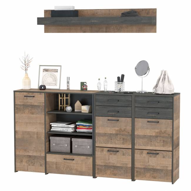 Комод-тумба в прихожую с навесной полкой и двумя обувницами с ящиками Трувор цвет дуб гранж песочный/интра Комод-тумба в прихожую с навесной полкой и двумя обувницами с ящиками Трувор цвет дуб гранж песочный/интра