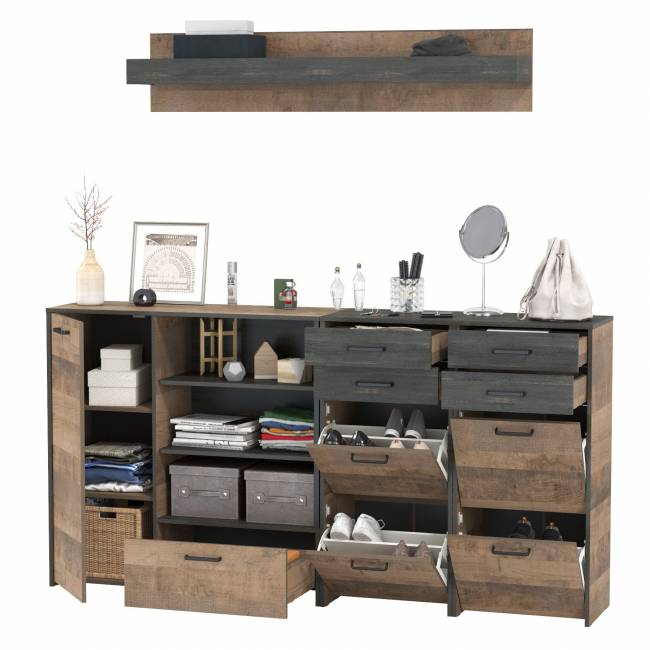 Комод-тумба в прихожую с навесной полкой и двумя обувницами с ящиками Трувор цвет дуб гранж песочный/интра Комод-тумба в прихожую с навесной полкой и двумя обувницами с ящиками Трувор цвет дуб гранж песочный/интра