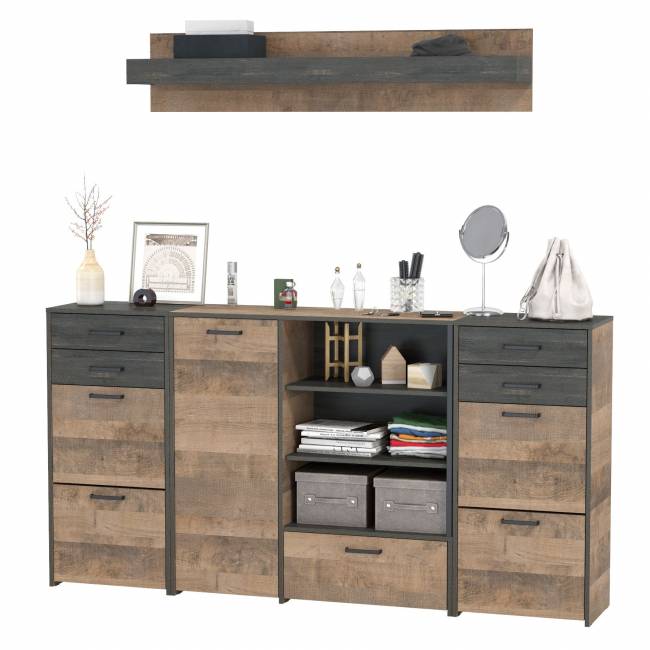 Комод-тумба в прихожую с навесной полкой и двумя обувницами с ящиками Трувор цвет дуб гранж песочный/интра Комод-тумба в прихожую с навесной полкой и двумя обувницами с ящиками Трувор цвет дуб гранж песочный/интра