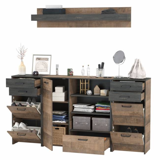 Комод-тумба в прихожую с навесной полкой и двумя обувницами с ящиками Трувор цвет дуб гранж песочный/интра Комод-тумба в прихожую с навесной полкой и двумя обувницами с ящиками Трувор цвет дуб гранж песочный/интра