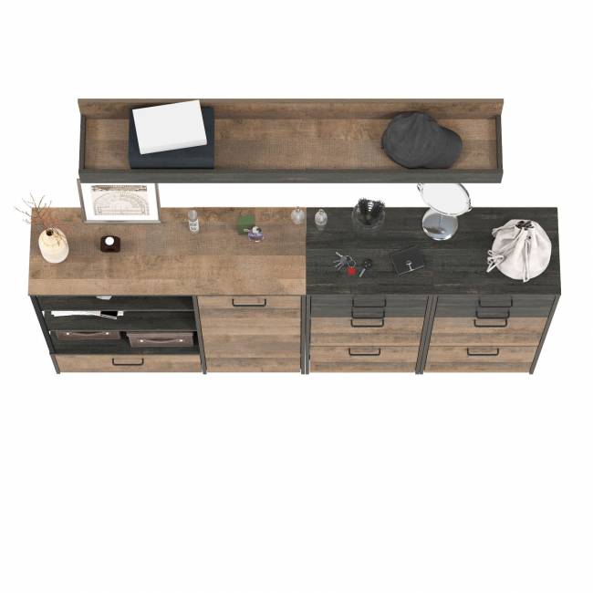 Комод-тумба в прихожую с навесной полкой и двумя обувницами с ящиками Трувор цвет дуб гранж песочный/интра Комод-тумба в прихожую с навесной полкой и двумя обувницами с ящиками Трувор цвет дуб гранж песочный/интра