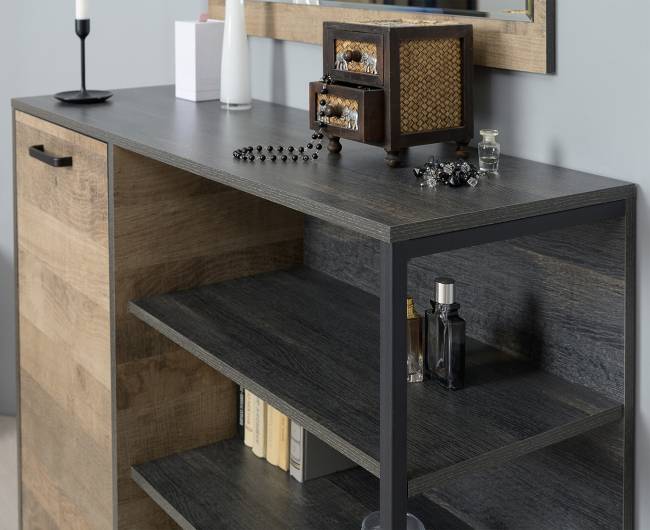 Комод-тумба в прихожую с навесной полкой и двумя обувницами с ящиками Трувор цвет дуб гранж песочный/интра Комод-тумба в прихожую с навесной полкой и двумя обувницами с ящиками Трувор цвет дуб гранж песочный/интра