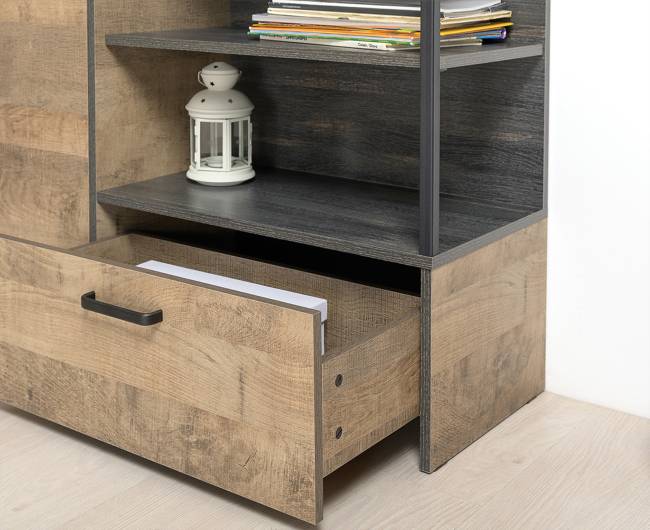 Комод-тумба в прихожую с навесной полкой и двумя обувницами с ящиками Трувор цвет дуб гранж песочный/интра Комод-тумба в прихожую с навесной полкой и двумя обувницами с ящиками Трувор цвет дуб гранж песочный/интра