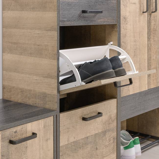 Комод-тумба в прихожую с навесной полкой и двумя обувницами с ящиками Трувор цвет дуб гранж песочный/интра Комод-тумба в прихожую с навесной полкой и двумя обувницами с ящиками Трувор цвет дуб гранж песочный/интра